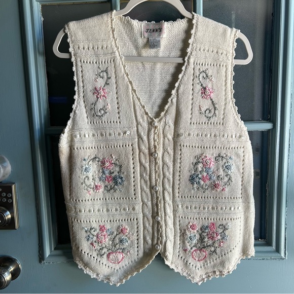 Vintage Sweaters - Vintage Knit Sweater Vest Beaded Embroidered Pearl Embellished Flower Cottage S